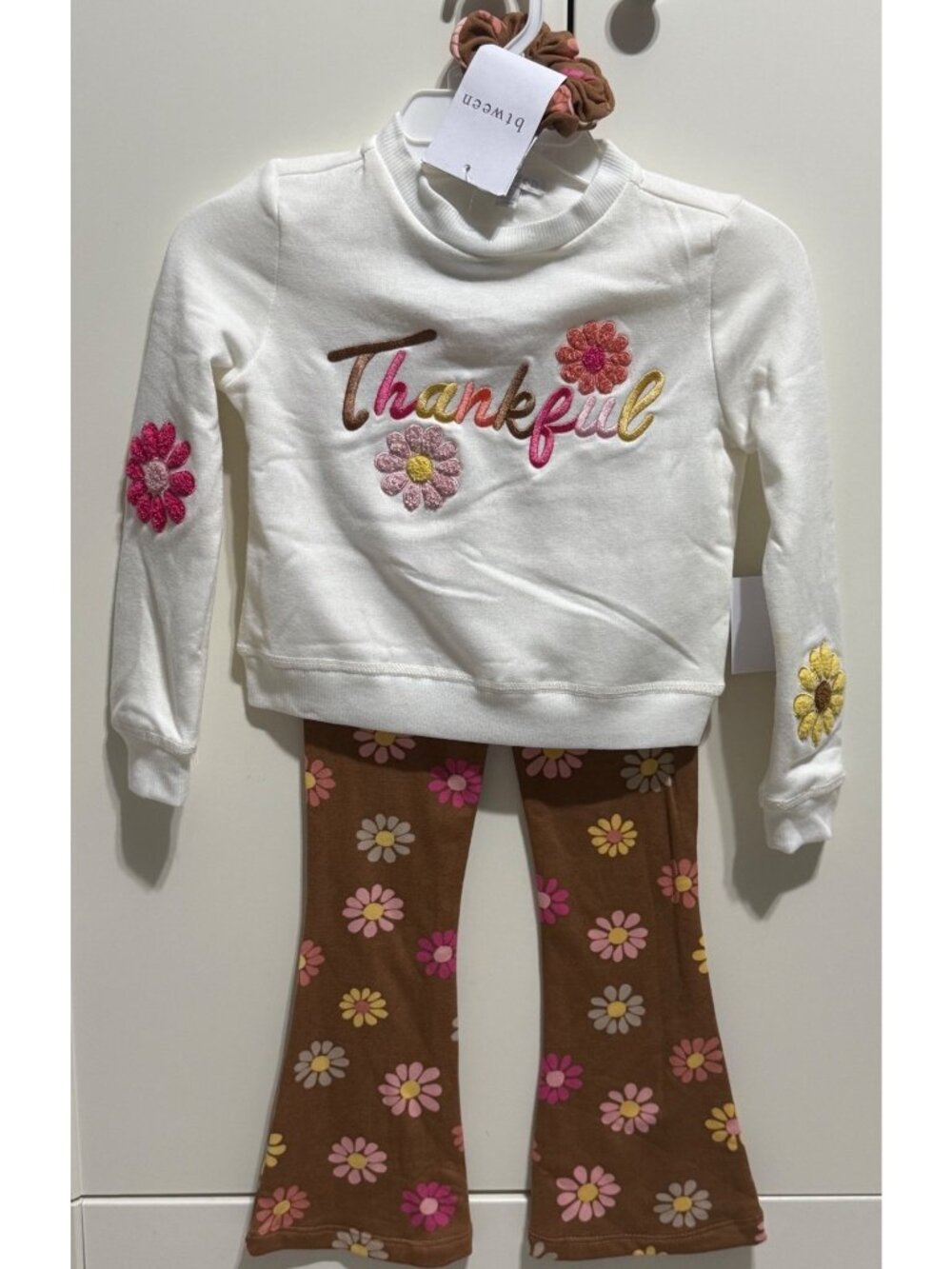 btween 4 NWT Thanksgiving Thankful embroidered 3pc pants set floral retro 60s